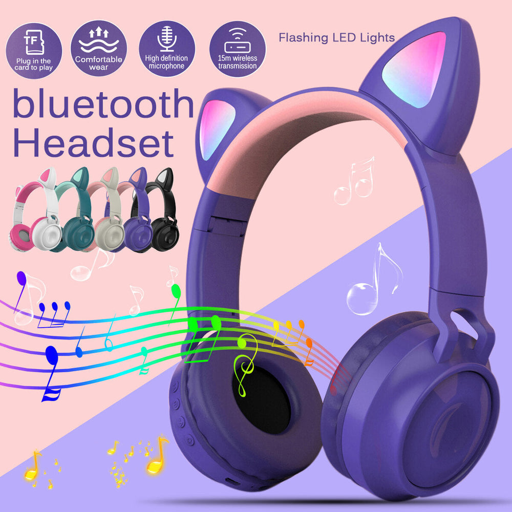 Wireless bluetooth Cat Ear Headphone Foldable Over-ear Stereo Music Sport Headset with Mic Image 2