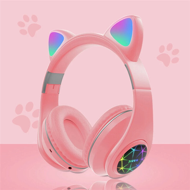Cut Cat Ear Headphones Wireless bluetooth 5.0 TF Card AUX-In Luminous Foldable Head-Mounted Headsetwith Mic Image 2