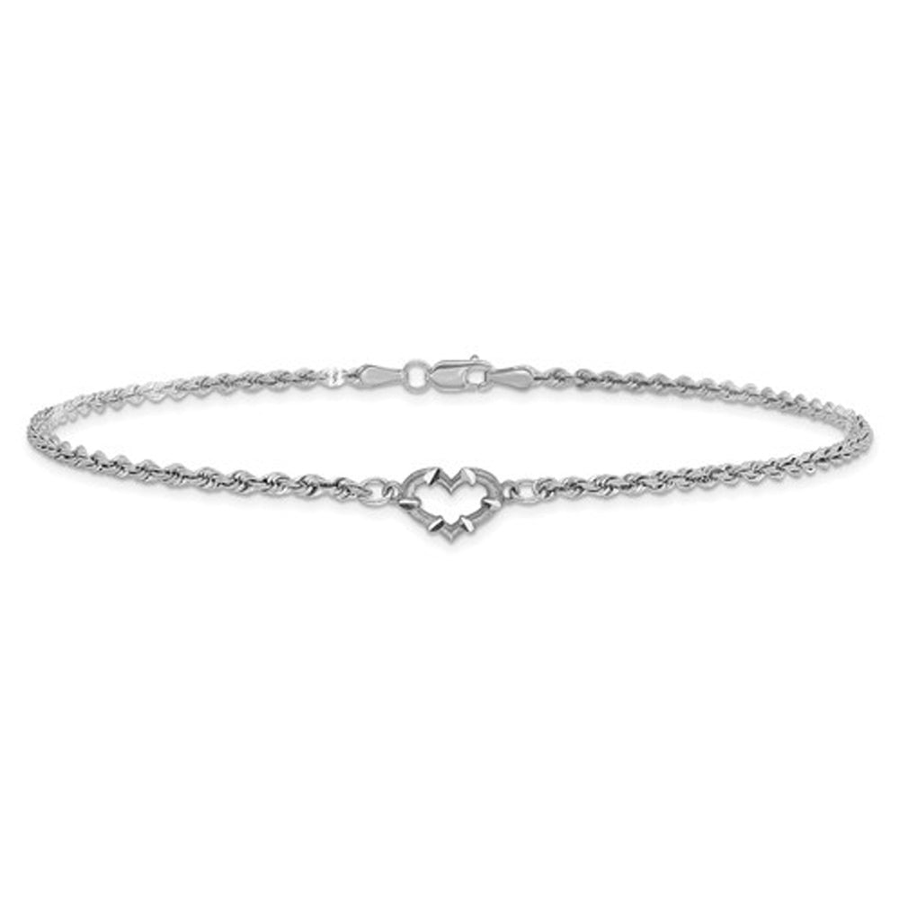 14K White Gold Diamond-Cut Rope Chain Heart Anklet 10 Inches Image 4