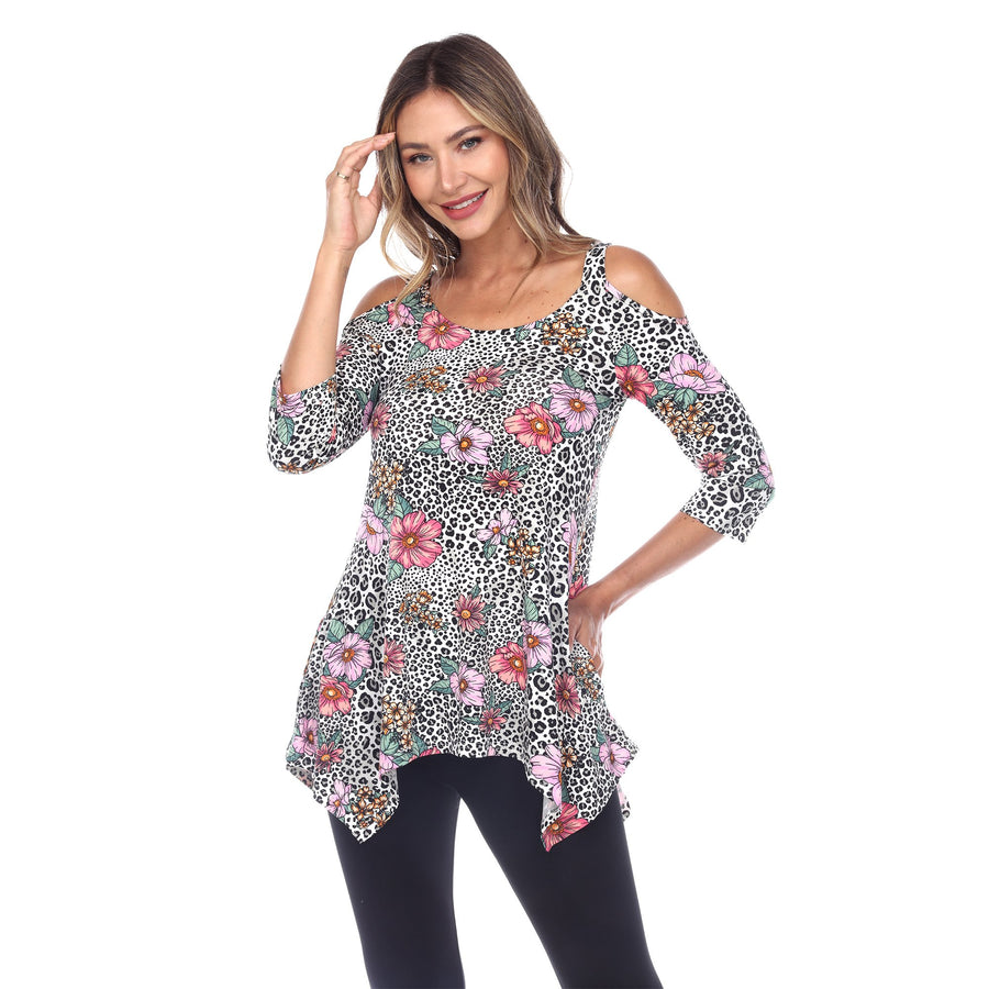 White Mark Womens Cold Shoulder Quarter Sleeve Printed Tunic Top with Pockets Image 1