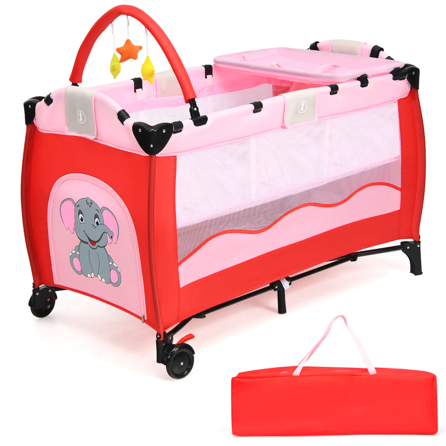 Pink Baby Crib Playpen Playard Pack Travel Infant Bed Foldable Image 1