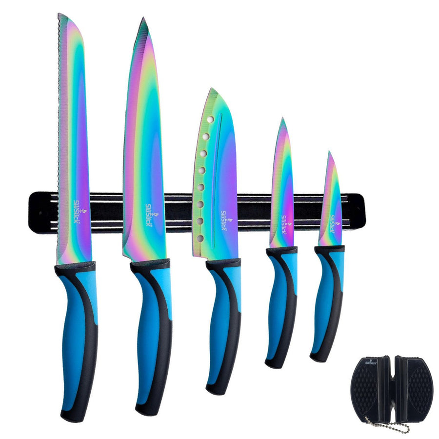 SiliSlick Stainless Steel Blue Handle Knife Set - Titanium Coated Utility KnifeSantokuBreadChefand Paring + Sharpener Image 1
