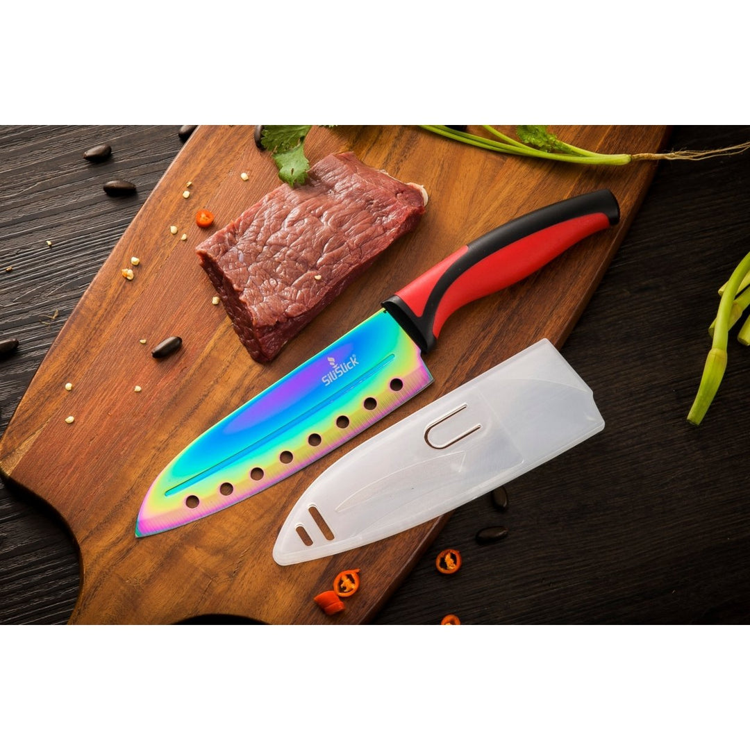SiliSlick Stainless Steel Red Handle Knife Set - Titanium Coated Utility KnifeSantokuBreadChefand Paring + Sharpener and Image 4