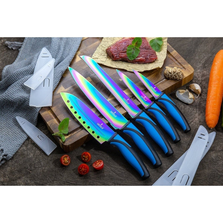 SiliSlick Stainless Steel Blue Handle Knife Set - Titanium Coated Utility KnifeSantokuBreadChefand Paring + Sharpener Image 4
