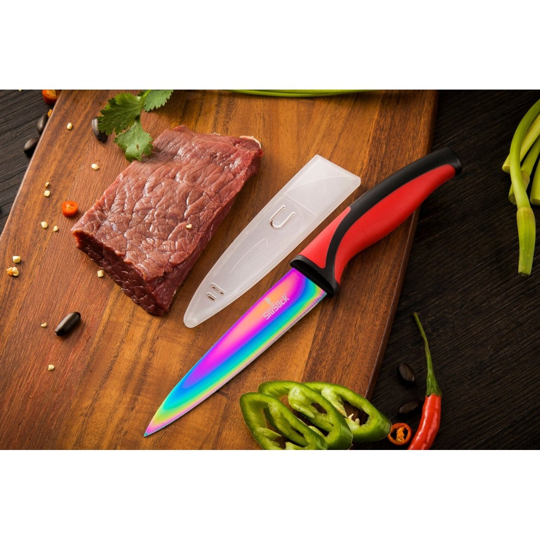 SiliSlick Stainless Steel Red Handle Knife Set - Titanium Coated Utility KnifeSantokuBreadChefand Paring + Sharpener and Image 6