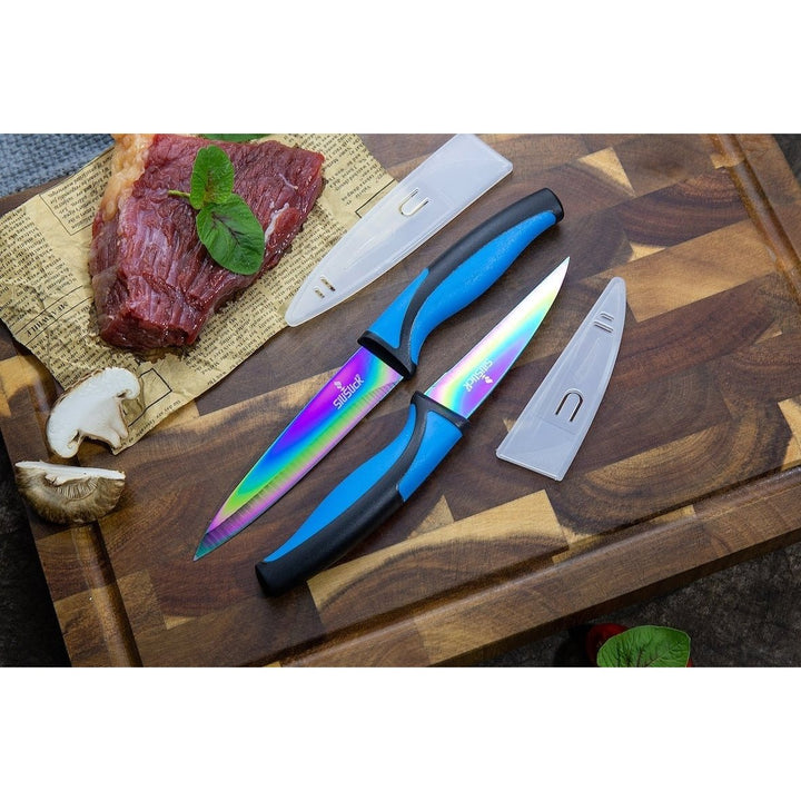 SiliSlick Stainless Steel Blue Handle Knife Set - Titanium Coated Utility KnifeSantokuBreadChefand Paring + Sharpener Image 8