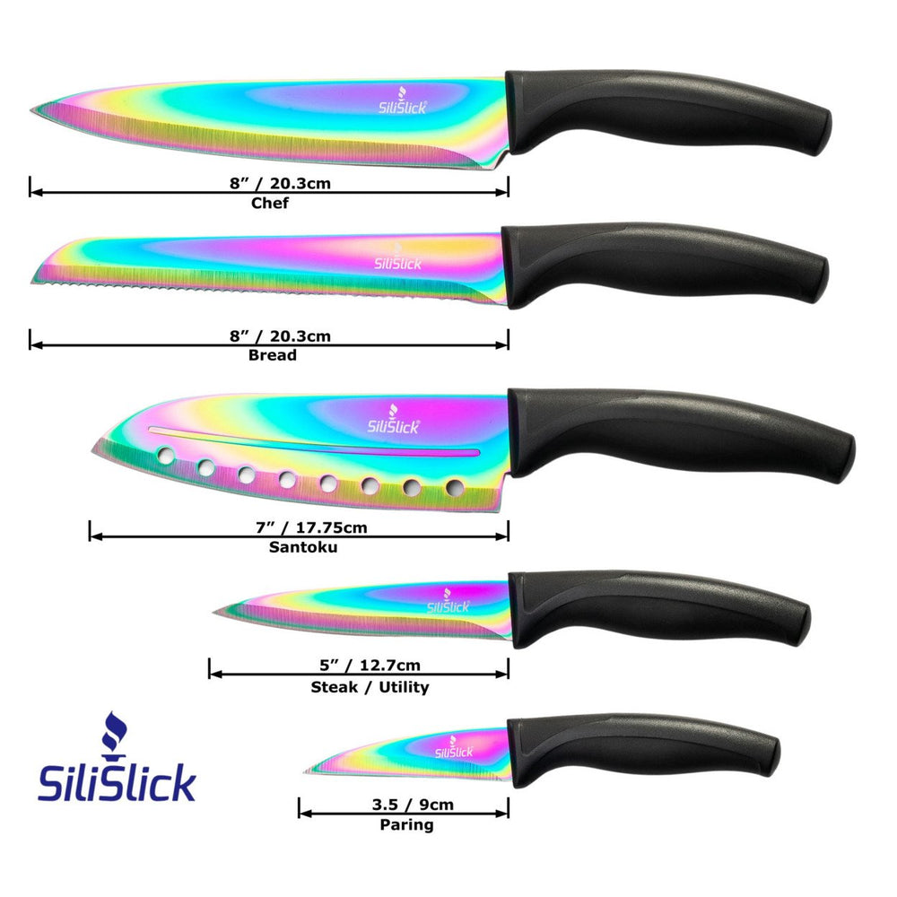 SiliSlick Stainless Steel Black Handle Knife Set - Titanium Coated Utility KnifeSantokuBreadChefand Paring + Sharpener Image 2