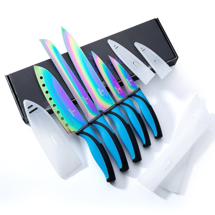 SiliSlick Stainless Steel Blue Handle Knife Set - Titanium Coated Utility KnifeSantokuBreadChefand Paring + Sharpener Image 9