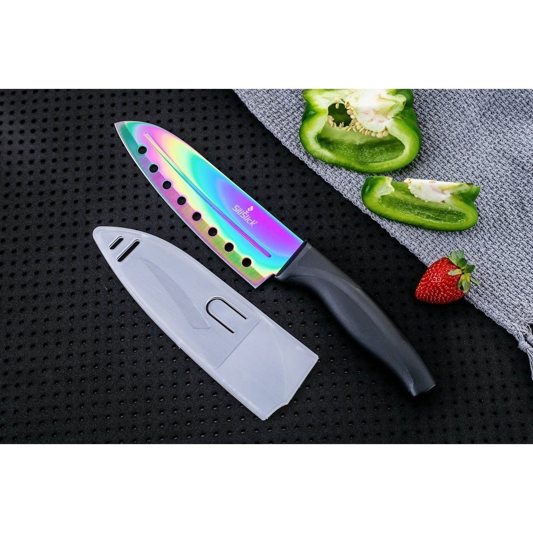 SiliSlick Stainless Steel Black Handle Knife Set - Titanium Coated Utility KnifeSantokuBreadChefand Paring + Sharpener Image 6