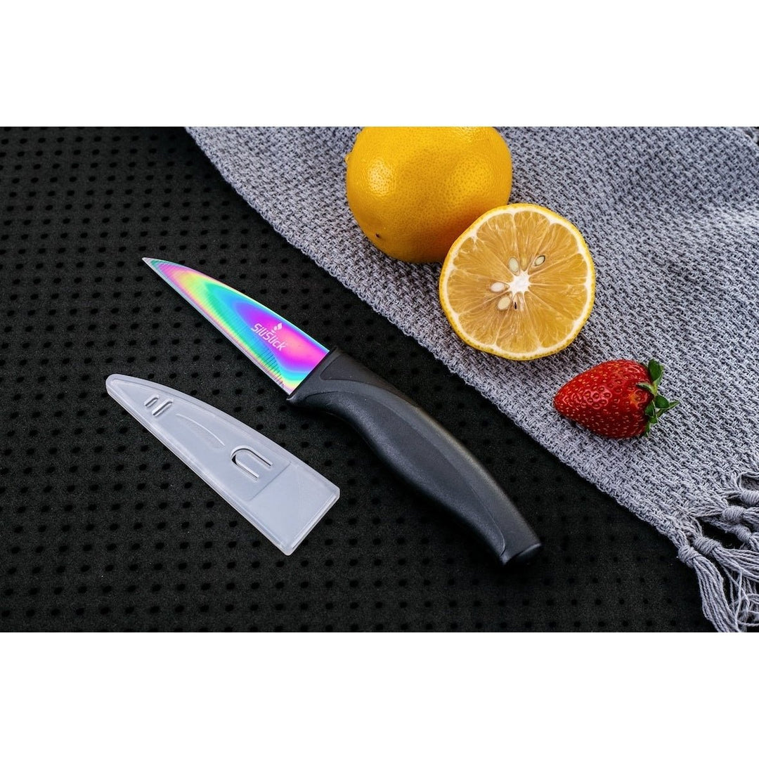 SiliSlick Stainless Steel Black Handle Knife Set - Titanium Coated Utility KnifeSantokuBreadChefand Paring + Sharpener Image 7