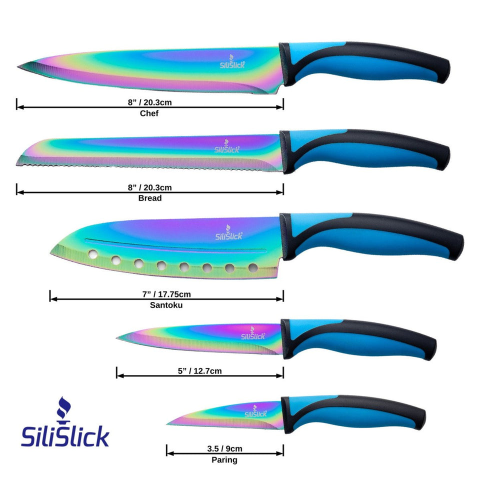 SiliSlick Stainless Steel Blue Handle Knife Set - Titanium Coated Stainless Steel Kitchen Utility Image 2