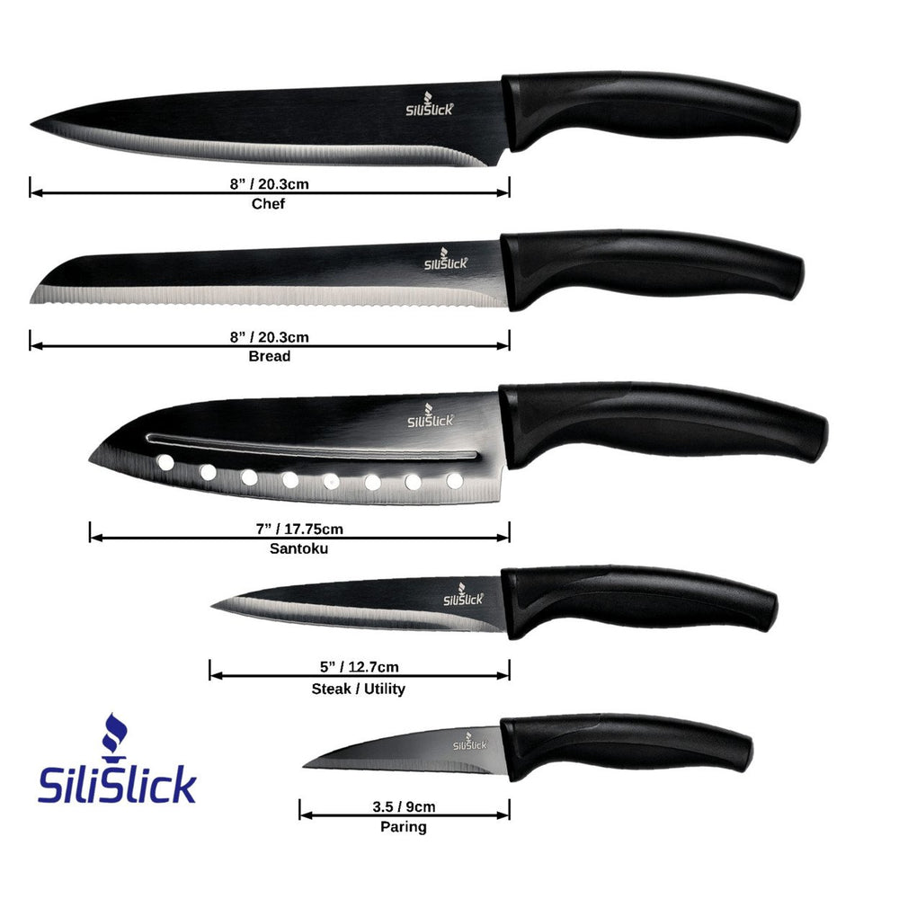 SiliSlick Stainless Steel Black Handle/Blade Knife Set - Titanium Coated Stainless Steel Kitchen Image 2