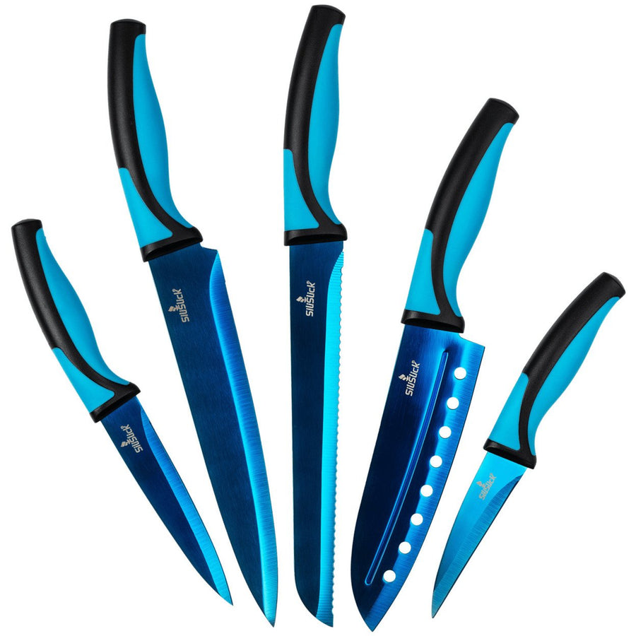 SiliSlick Stainless Steel Blue Handle/Blade Knife Set - Titanium Coated Stainless Steel Kitchen Image 1