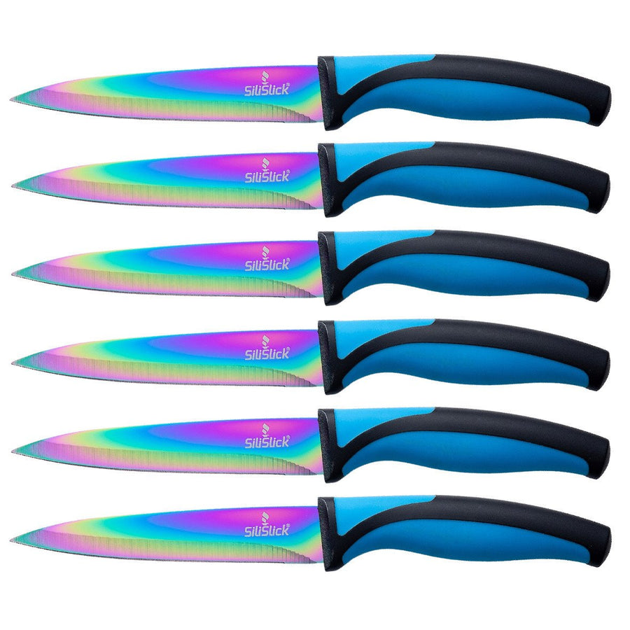 SiliSlick Stainless Steel Steak Knife Set of 6 - Rainbow Iridescent Blue Handle - Titanium Coated with Straight Edge for Image 1