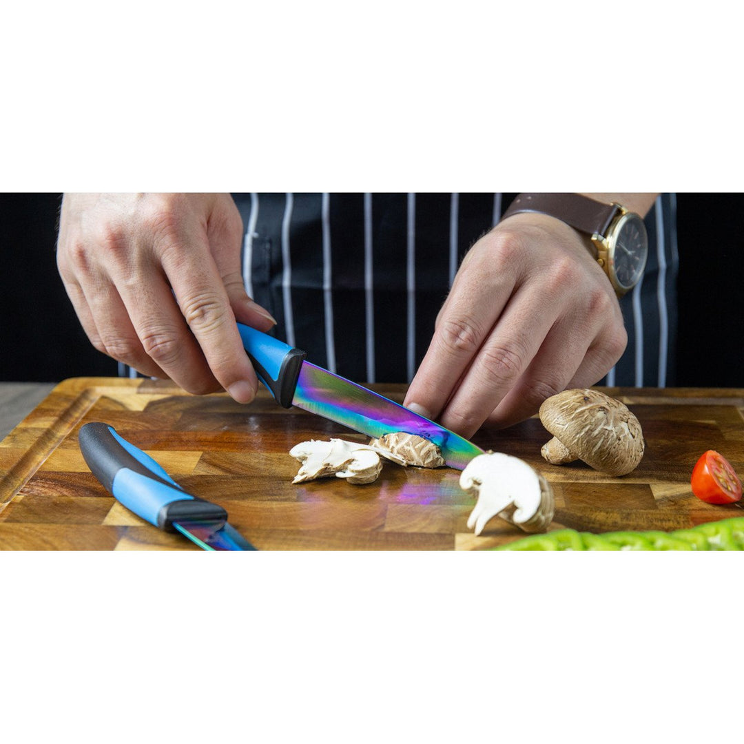 SiliSlick Stainless Steel Steak Knife Set of 6 - Rainbow Iridescent Blue Handle - Titanium Coated with Straight Edge for Image 3