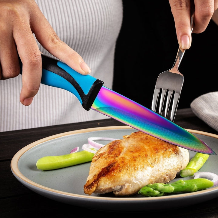 SiliSlick Stainless Steel Steak Knife Set of 6 - Rainbow Iridescent Blue Handle - Titanium Coated with Straight Edge for Image 4