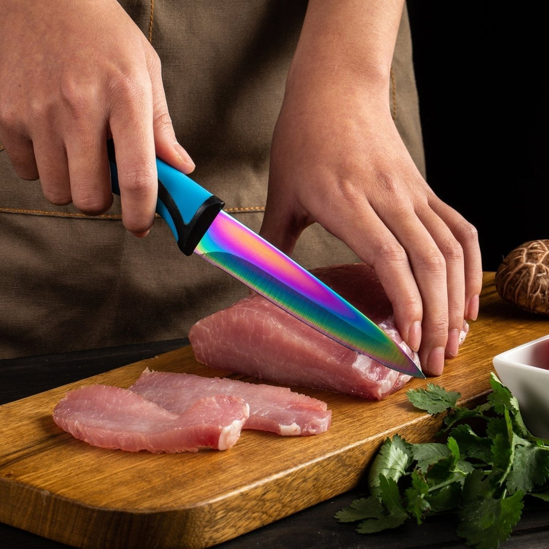 SiliSlick Stainless Steel Steak Knife Set of 6 - Rainbow Iridescent Blue Handle - Titanium Coated with Straight Edge for Image 6
