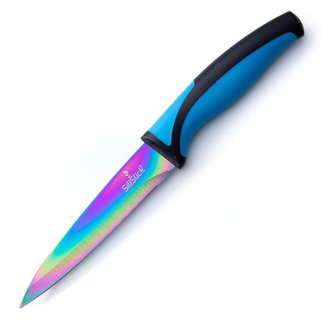 SiliSlick Stainless Steel Steak Knife Set of 6 - Rainbow Iridescent Blue Handle - Titanium Coated with Straight Edge for Image 7