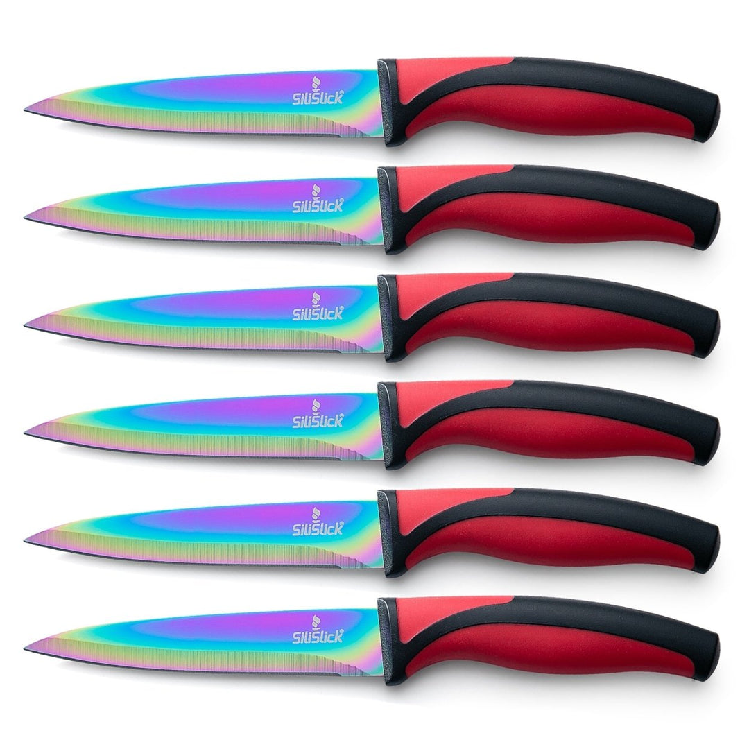 SiliSlick Stainless Steel Steak Knife Set of 6 - Rainbow Iridescent Red Handle - Titanium Coated with Straight Edge for Image 1