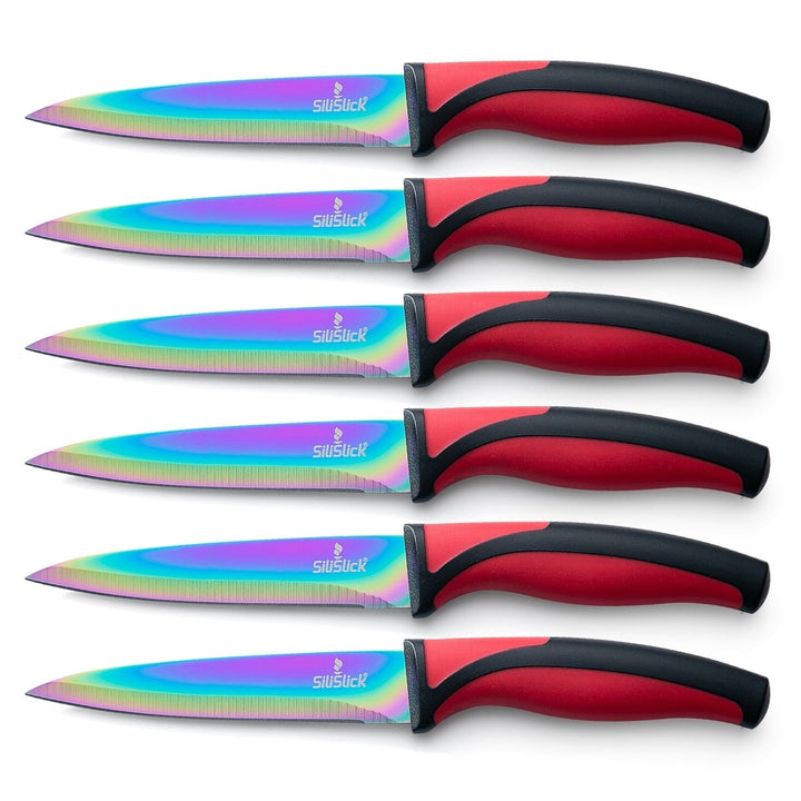 SiliSlick Stainless Steel Steak Knife Set of 6 - Rainbow Iridescent Red Handle - Titanium Coated with Straight Edge for Image 1