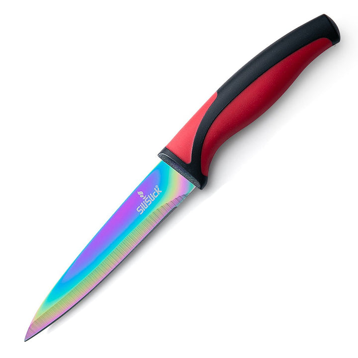 SiliSlick Stainless Steel Steak Knife Set of 6 - Rainbow Iridescent Red Handle - Titanium Coated with Straight Edge for Image 4