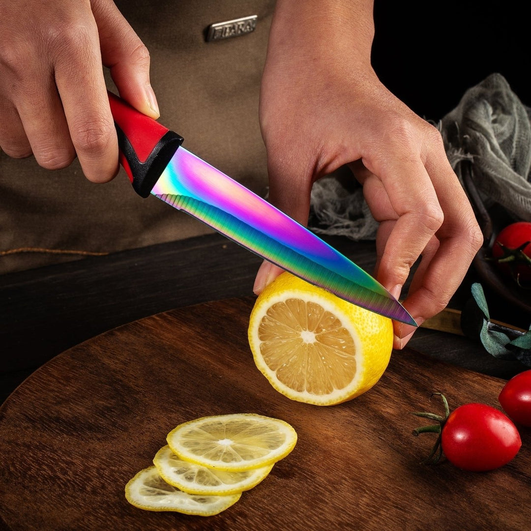 SiliSlick Stainless Steel Steak Knife Set of 6 - Rainbow Iridescent Red Handle - Titanium Coated with Straight Edge for Image 6