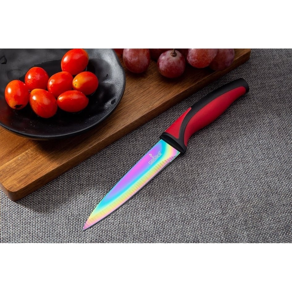 SiliSlick Stainless Steel Steak Knife Set of 6 - Rainbow Iridescent Red Handle - Titanium Coated with Straight Edge for Image 7