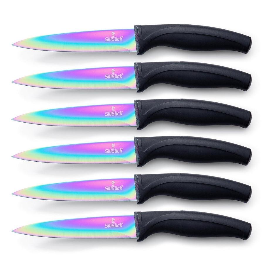 SiliSlick Stainless Steel Steak Knife Set of 6 - Rainbow Iridescent Black Handle - Titanium Coated with Straight Edge Image 1