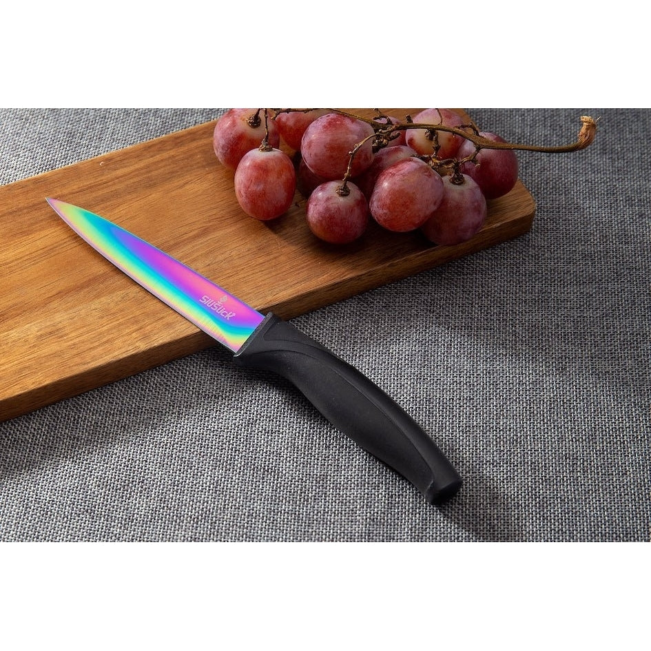 SiliSlick Stainless Steel Steak Knife Set of 6 - Rainbow Iridescent Black Handle - Titanium Coated with Straight Edge Image 2