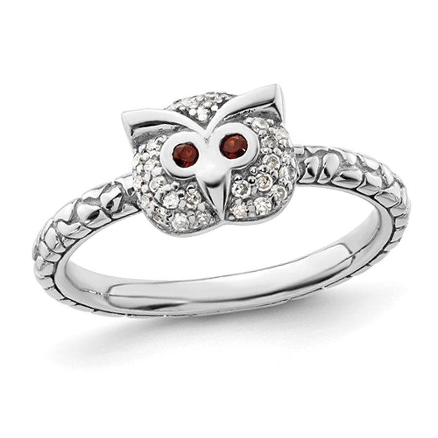 1/8 Carat (ctw) Diamond Owl Ring in Sterling Silver with Garnet Eyes Image 1