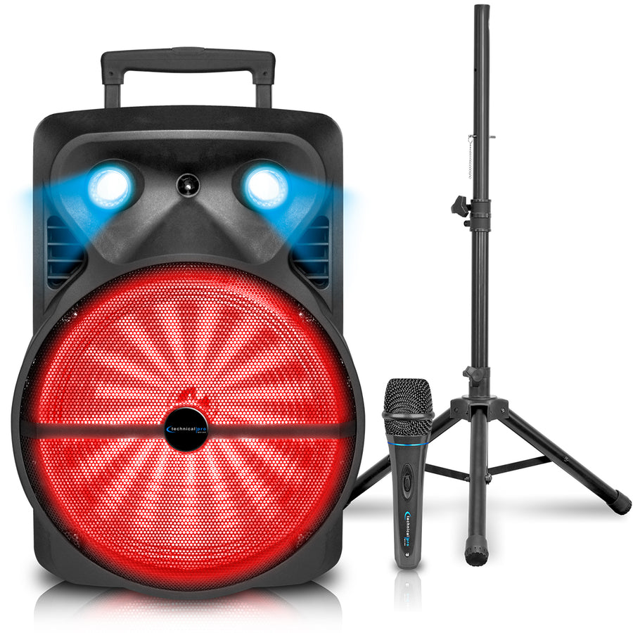 Technical Pro 2000 Watts Rechargeable 15" Bluetooth DJ Light Speaker Package with Tripod and MicrophoneUSB SD Card Image 1