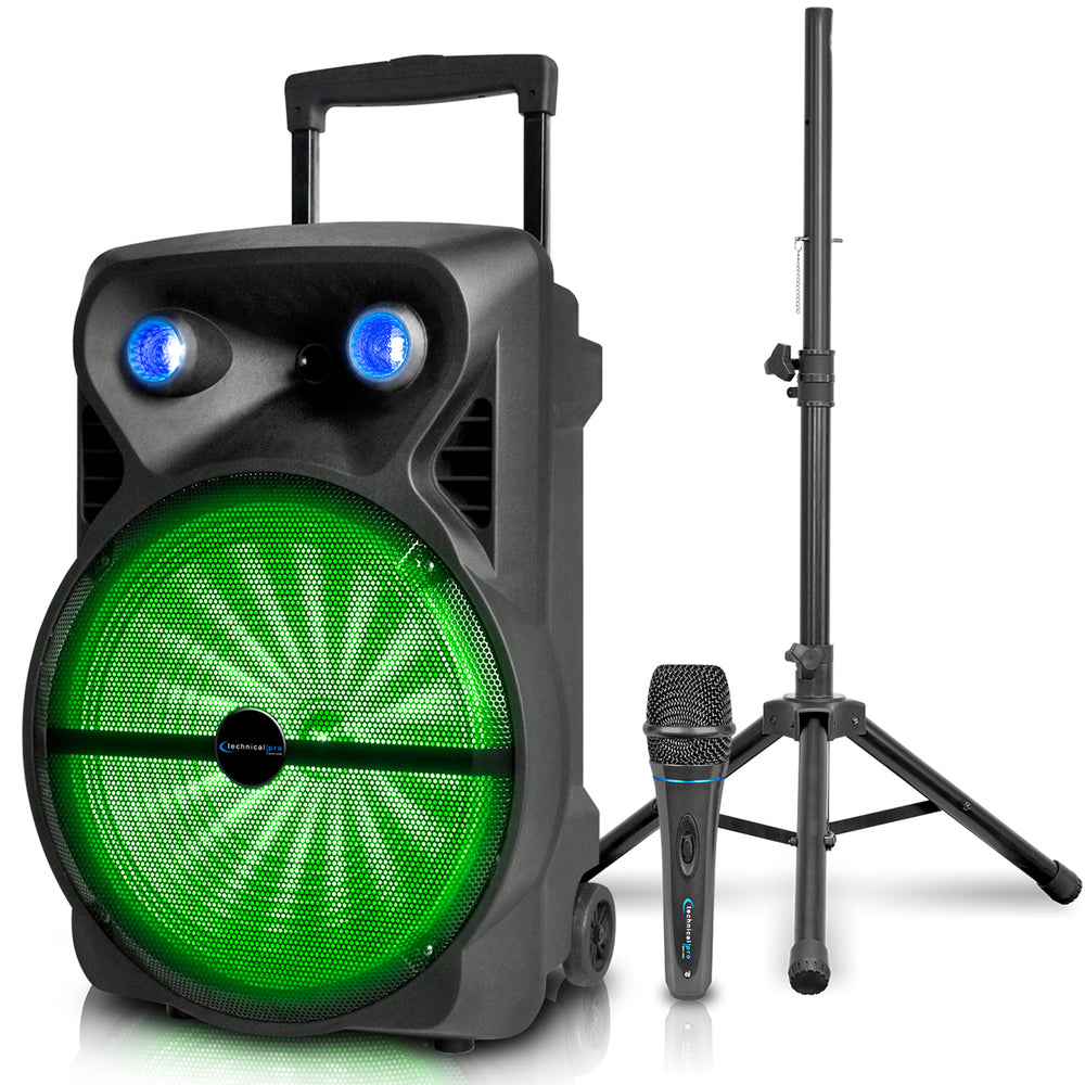 Technical Pro 2000 Watts Rechargeable 15" Bluetooth DJ Light Speaker Package with Tripod and MicrophoneUSB SD Card Image 2