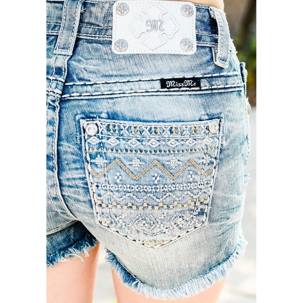 Women Miss Me Jeans High Rise Waisted Embroidered Aztec Festival Denim Shorts 26 Image 1