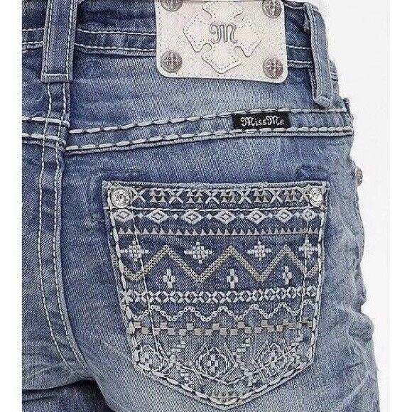 Women Miss Me Jeans High Rise Waisted Embroidered Aztec Festival Denim Shorts 26 Image 3