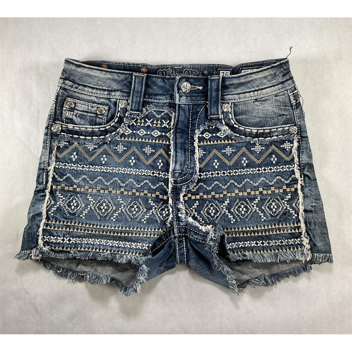 Women Miss Me Jeans High Rise Waisted Embroidered Aztec Festival Denim Shorts 26 Image 4