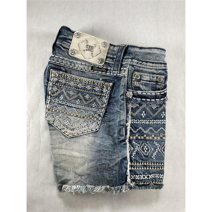Women Miss Me Jeans High Rise Waisted Embroidered Aztec Festival Denim Shorts 26 Image 6