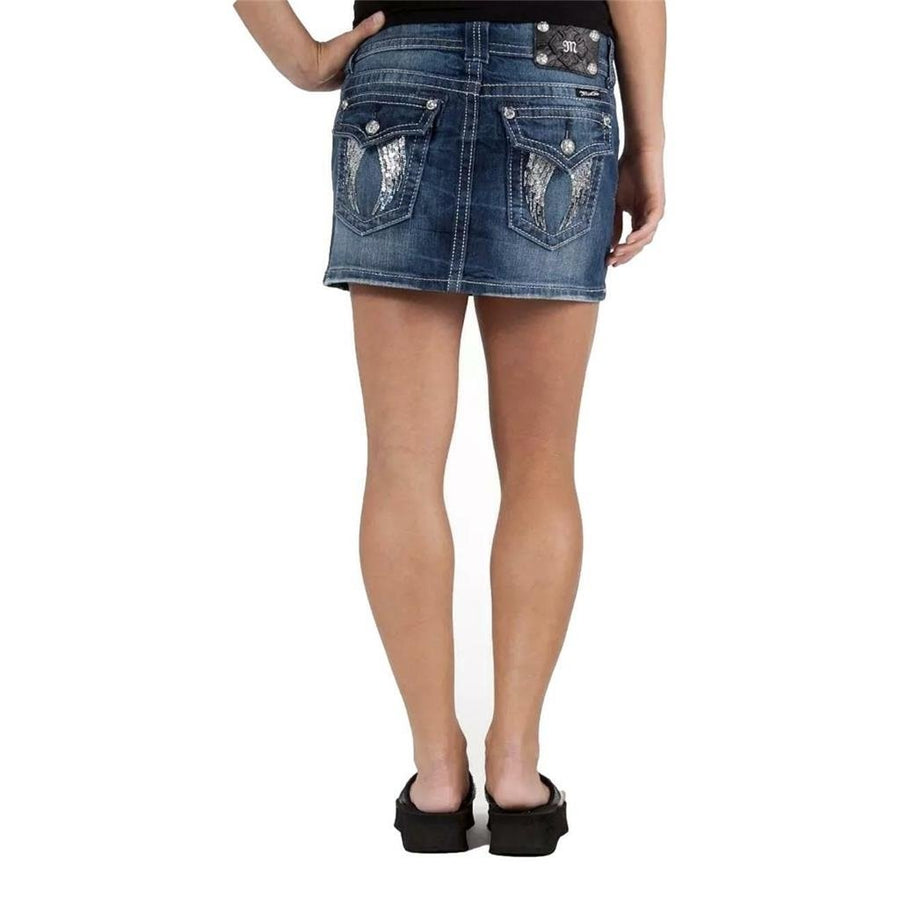 Womens Miss Me Jeans Low Rise Denim Mini Skirt Sequin Angel Wings Flap Pocket 26 Image 1