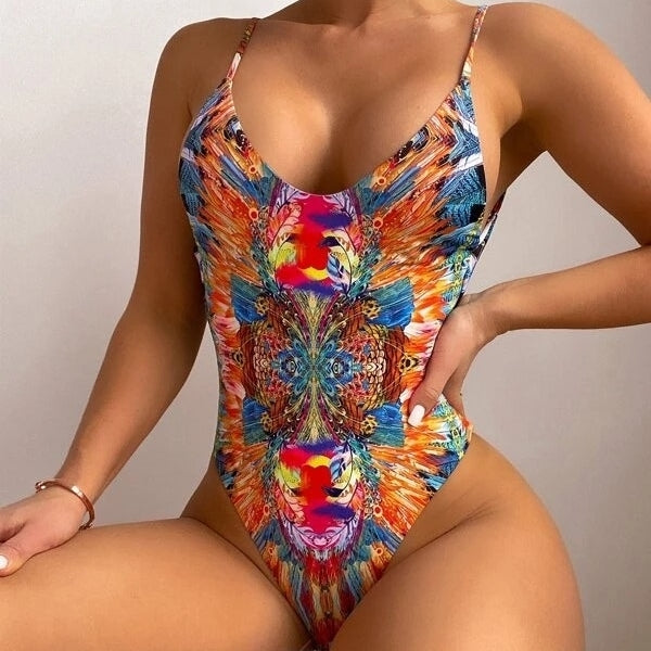 Allover Print Backless One Piece Swimsuit Image 1
