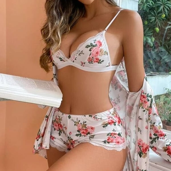 2pack Floral Print Contrast Lace Wireless Lingerie Set Without Robe Image 1