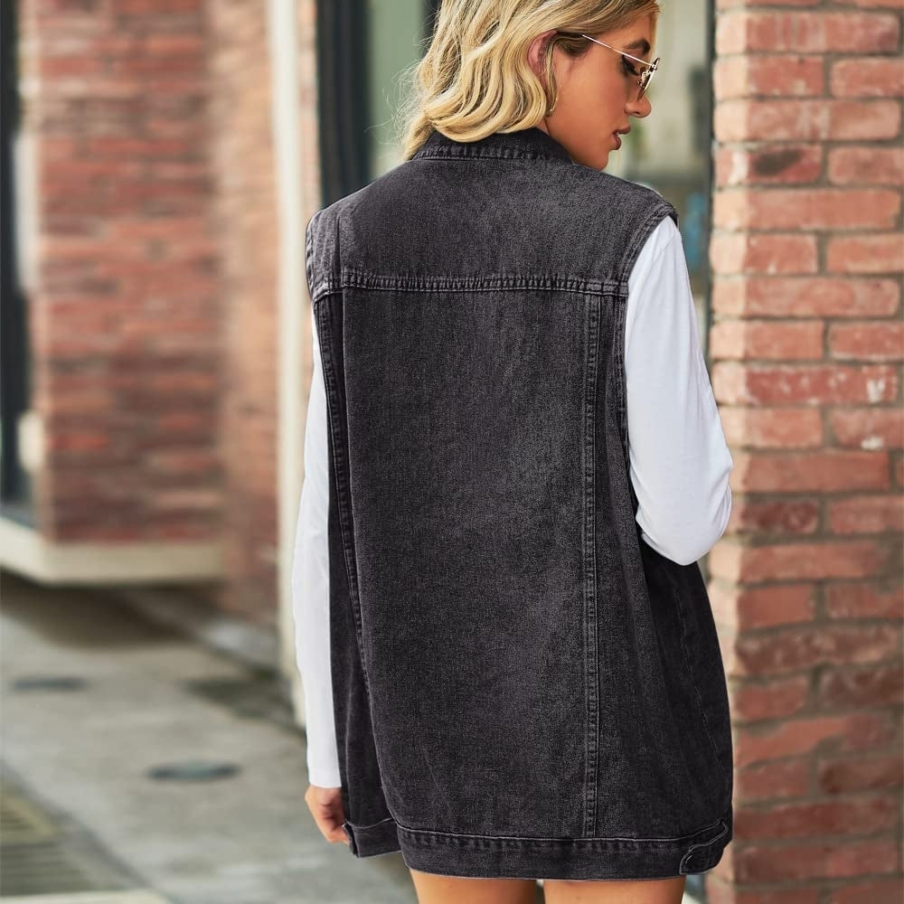 Womens Denim Jacket Sleeveless Button Down Jean Vest Mid Long Waistcoat Image 4