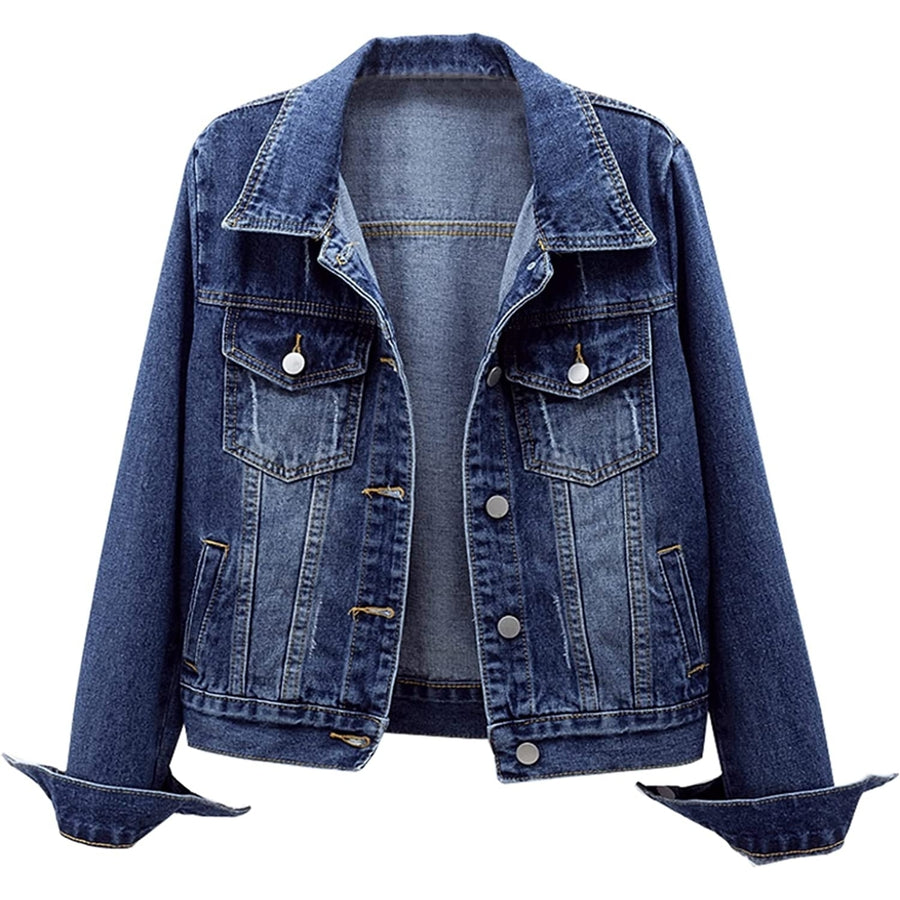 Womens Bride Casual Jean Jacket Distressed Ripped Denim Jacket Coat with Pockets Image 1