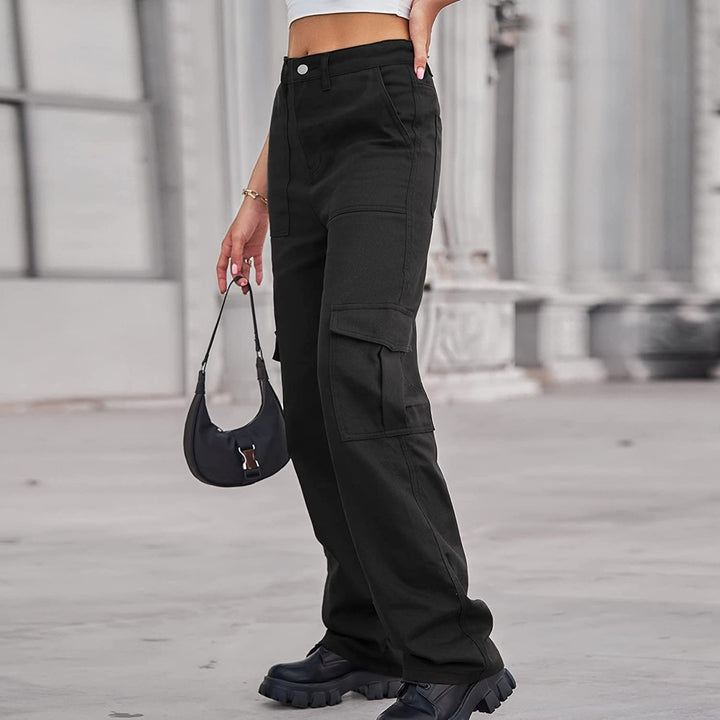 High Waist Stretch Cargo Pants Women BaggyMultiple Pockets Relaxed Fit Straight Wide Leg Y2K Pant Image 3