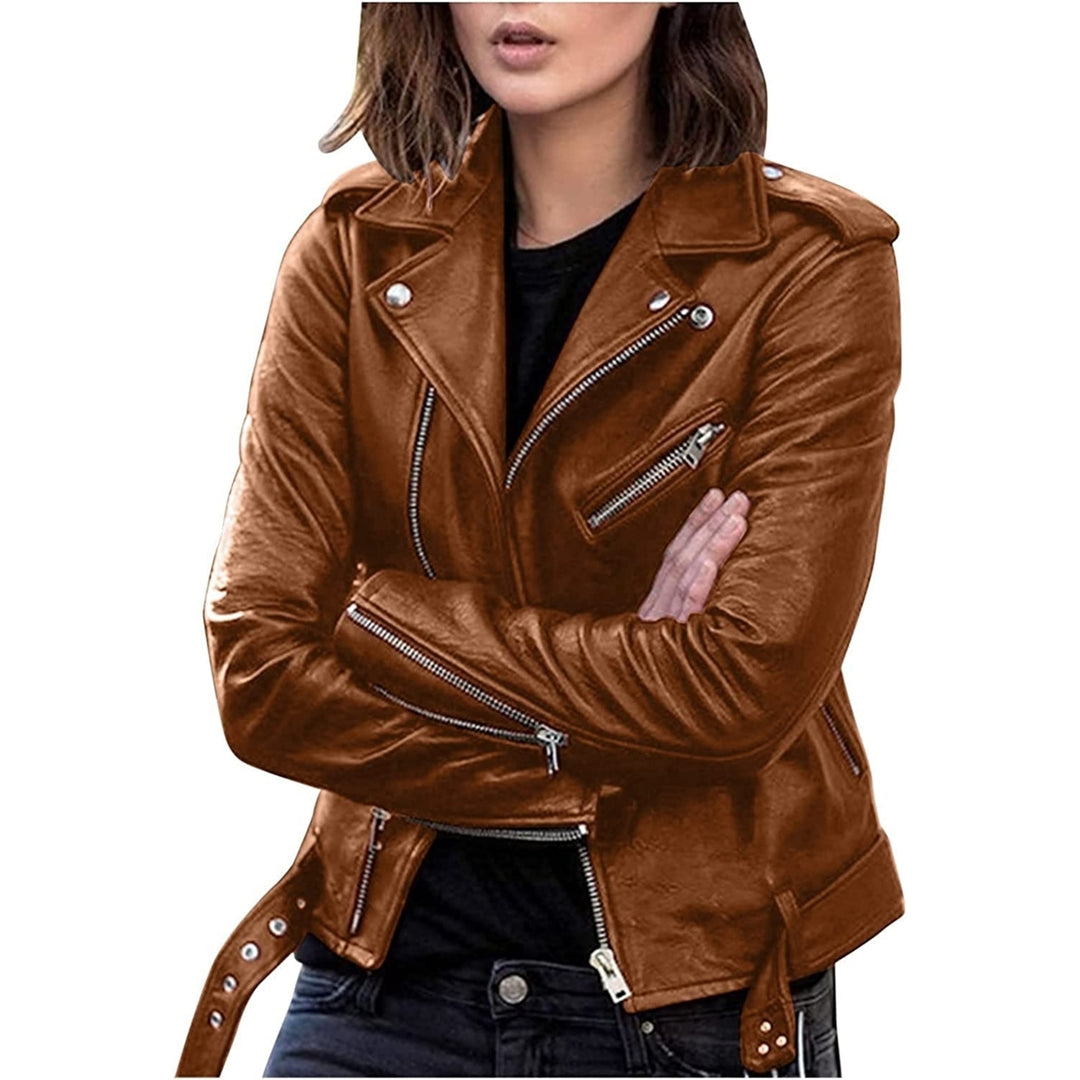Women Plus Size Fashion Faux Leather Jacket Long Sleeve Zipper Fitted Womens Faux Leather Jacket with Hoodie Image 4