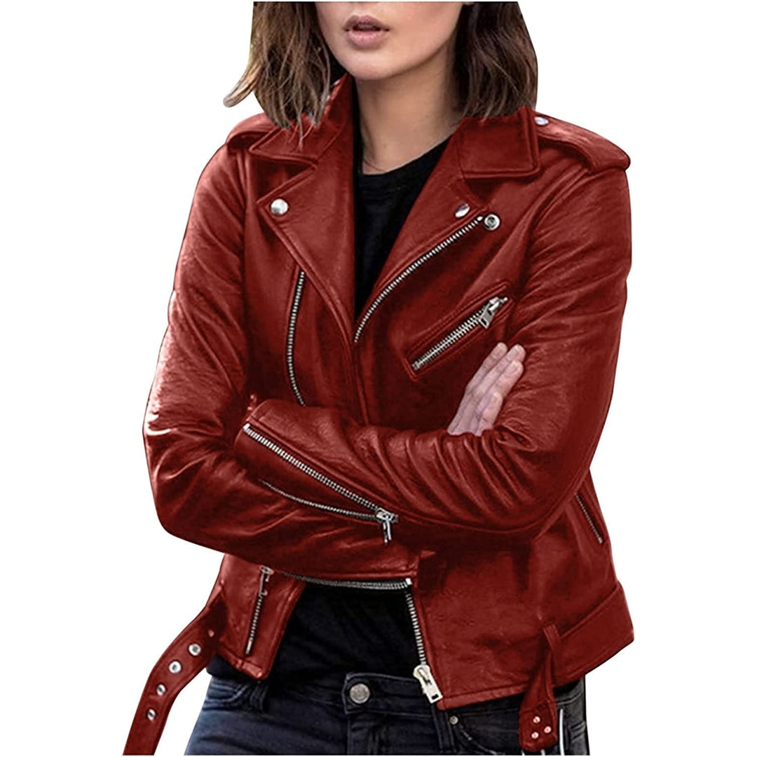 Women Plus Size Fashion Faux Leather Jacket Long Sleeve Zipper Fitted Womens Faux Leather Jacket with Hoodie Image 6