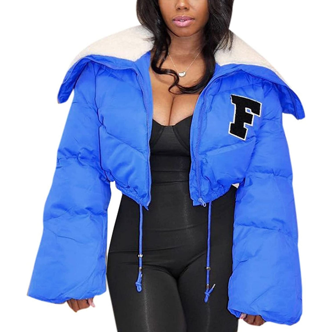 Womens Winter Cropped Puffer Jacket Long Sleeve Sherpa Lined Collar Zip Quilted Puffy Down Coats Image 6
