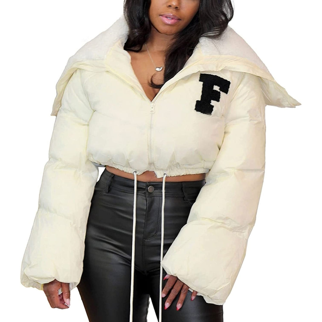 Womens Winter Cropped Puffer Jacket Long Sleeve Sherpa Lined Collar Zip Quilted Puffy Down Coats Image 7