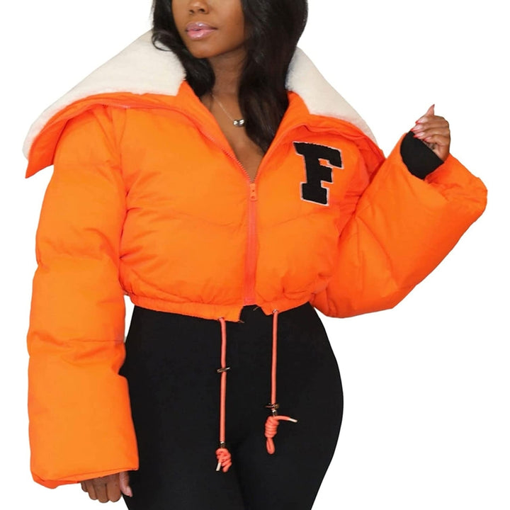 Womens Winter Cropped Puffer Jacket Long Sleeve Sherpa Lined Collar Zip Quilted Puffy Down Coats Image 9