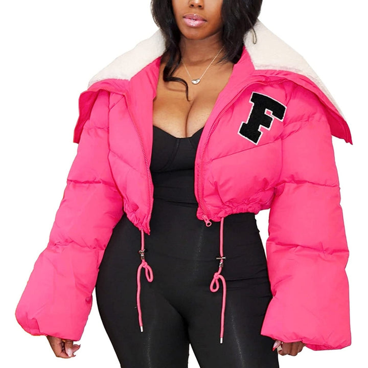 Womens Winter Cropped Puffer Jacket Long Sleeve Sherpa Lined Collar Zip Quilted Puffy Down Coats Image 10