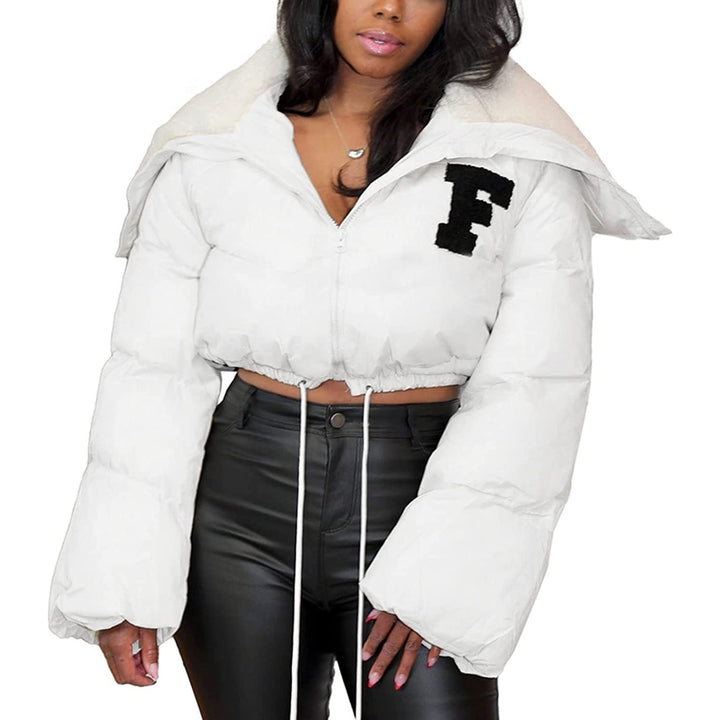 Womens Winter Cropped Puffer Jacket Long Sleeve Sherpa Lined Collar Zip Quilted Puffy Down Coats Image 11