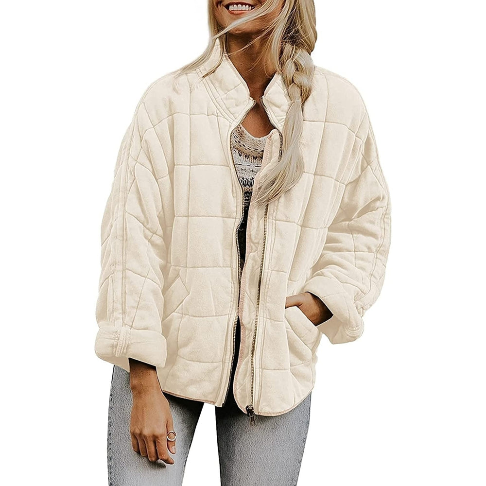 Womens Causal Lightweight Quilted Jackets Long Sleeve Oversized Warm Winter Zip Up Coat with Pockets Image 2